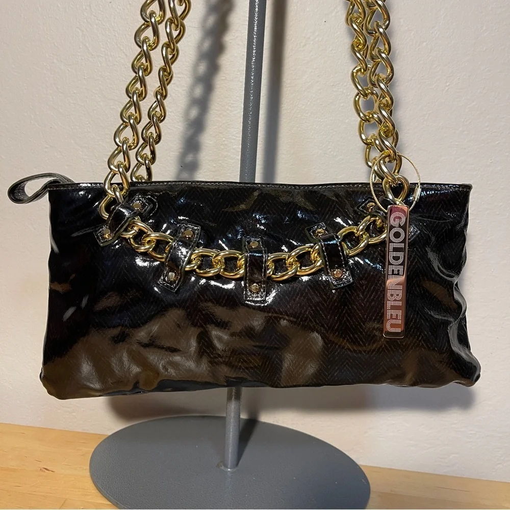 GOLDENBLEU Patent Leather Chain Strap Shoulder Bag Y2K Statement Purse